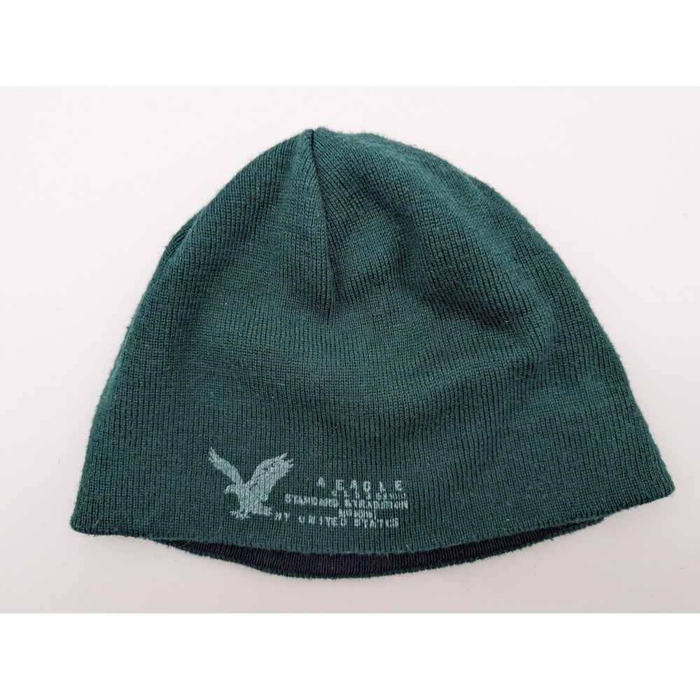 American Eagle Reversible Beanie Hat Green Eagle Logo Navy Blue White Striped